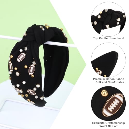 YARIEW Football Headbands for WomenPearl Rhinestone Jeweled Knotted Headband for Women Fashion Headband Wide Game Day Sports Hair Accessories Gift for Football Mom Fans Christmas (Black)