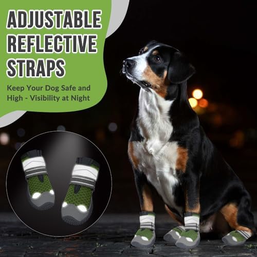 SlowTon Dog Shoes for Large Small Medium Dogs - Breathable Dog Boots for Summer Hot Pavement, Paw Protector for Outdoor Walking Winter Snow, Anti-Slip Rubber Dog Booties for HardFloor (Army Green, 3)