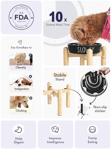 Ceramic Slow Feeder Dog Bowls Elevated, 3 Cups Raised Dog Bowl with Wooden Stand for Medium Large Breed, Dog Dishes to Slow Down Eating, Puzzle Dog Food Bowl,Black