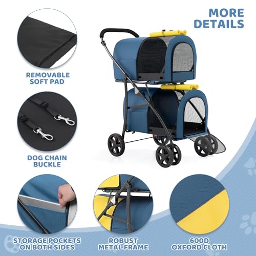 Magshion Double Dog Stroller with 2 Detachable Carrier Bags, 4-Wheel Folding Pet Travel Strolling Cart with Storage Pocket for Small-Medium Dogs & Cats Puppy, Navy Blue/Yellow