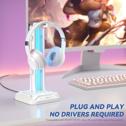 KDD Headset Stand with 9 Light Modes - Controller Holder for Desk - Rotatable Headphone Stand & Detachable Controller Hook for PC Earphone Accessories(White)