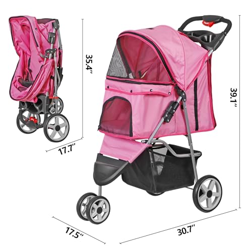 Foldable Pet Stroller for Cats and Dogs 3 Wheels Carrier Strolling Cart with Weather Cover, Storage Basket + Cup Holder (Pink)
