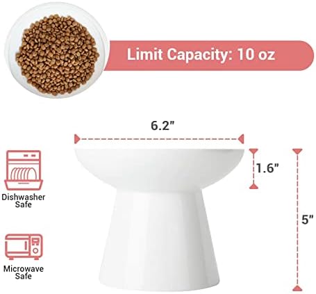 Extra Wide Elevated Ceramic Cat Bowl - 6.2" Shallow Dish for Whisker Fatigue Relief, 5" Height for Easy Feeding, Lead & Cadmium Free, Durable Raised Cat Food Bowls, White
