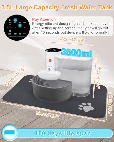 Smart Pet Water Fountain,Wireless Cat Water Fountain No Filter,3.5L/118oz Ultra Silent Cat Fountain,Sewage Separation & Always Fresh Water(with A Quick Dry Pet Mat)