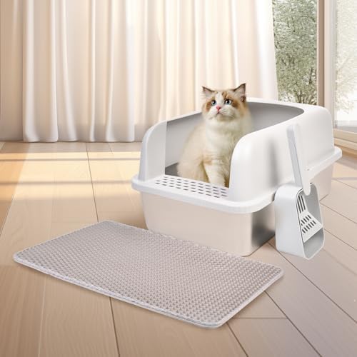 2 Pack Stainless Steel Cat Litter Box with Lid, 24" L x 16" W x 11.8" H, Extra Large Litter Box for Big Cats with High Sided, Anti-Urine Leakage, Easy Cleaning, Include Cat Mat and Scoop
