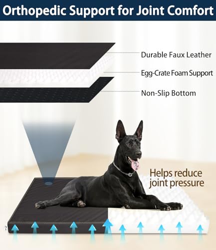 Waterproof Leather Dog Bed Crate Mat, Durable Pet Mattress for Medium Dogs, Wipeable Easy to Clean Black Vinyl Pad
