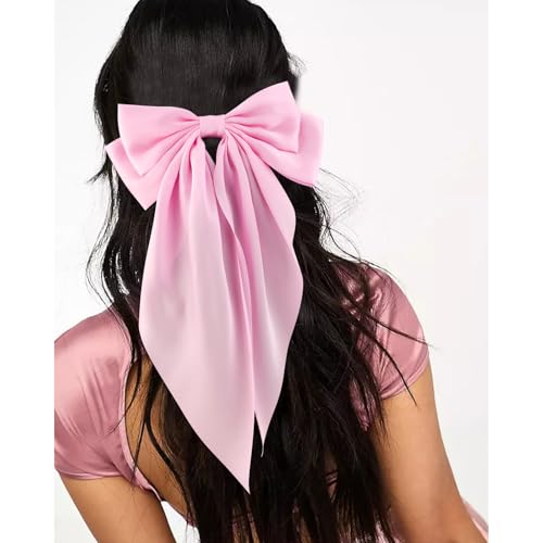 VELSCRUN Hair Clip - 3Pcs Silky Satin Hair Bows for Women in Red, Pink, White - Big Bow Hair Clips with Long Tail - Hair Accessories for Girls - Ideal for Special Occasions - 3 Count
