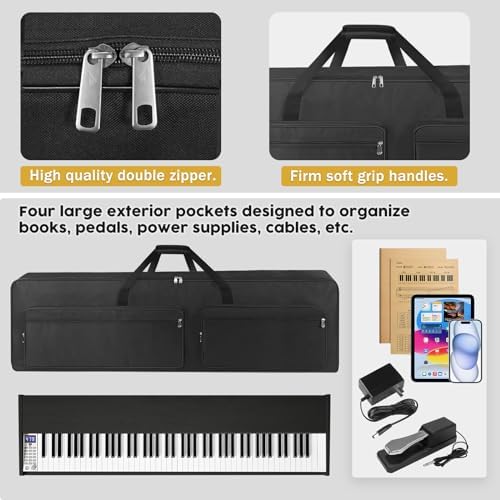 88-Key Keyboard Case β Full Padded Piano Gig Bag with Adjustable Shoulder Straps, 4 Storage Pockets for Accessories, 53.9" x 7.1" x 14.6" (Black)