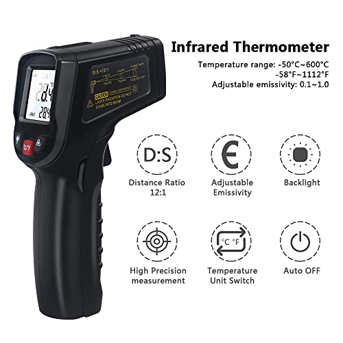 KETOTEK Infrared Thermometer Non Contact IR Digital Laser Temperature Gun -50℃~600℃ (-58℉~1112℉) Adjustable Emissivity Thermometer Gun for Cooking