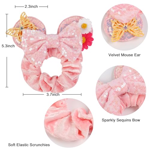Velvet Mouse Ears Scrunchies - Cute Hair Ties for Women, Girls' Ponytails, Costume Party Favors, and Hair Accessories in White and Pink