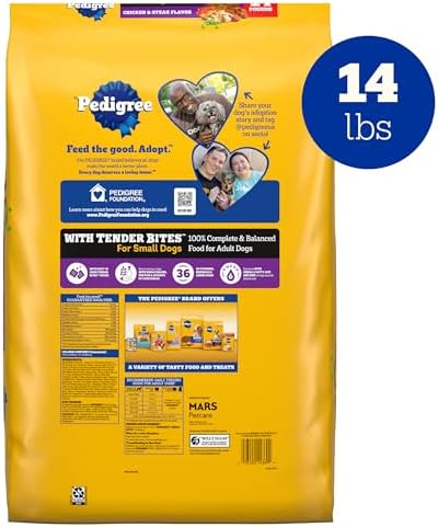Pedigree with Tender Bites for Small Dogs Adult Dry Dog Food, Chicken and Steak Flavor, 14 lb. Bag
