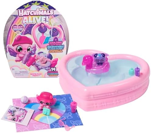 Hatchimals Alive, Neon Rainbow Bestie Pool Party with 2 BFF Figures in Color Reveal Eggs, 14 Accessories, Kids Toys for Ages 3 and up