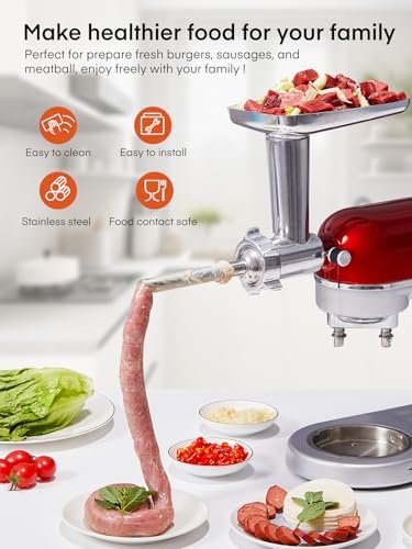 Stainless Steel Meat Grinder Attachment for KitchenAid Stand Mixer, Meat Grinder for Kitchen Aid Included 4 Grinding Plates, 2 Sausage Stuffer Tubes, 2 Grinding Blades, Food Meat Processor Accessories