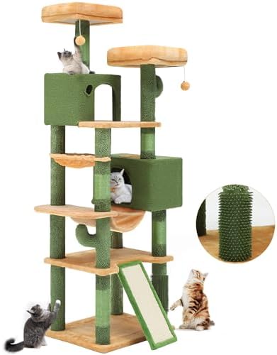 YITAHOME 76in Tall Cactus Cat Tree Tower with Self-Grooming Brush, Cute Cat Climbing Tower for Indoor Cats with Cat Condo, Plush Platform, Hammock, Sisal Scratching Posts, Dangling Ball