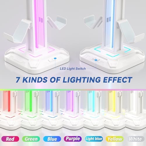 KDD Headset Stand with 9 Light Modes - Controller Holder for Desk - Rotatable Headphone Stand & Detachable Controller Hook for PC Earphone Accessories(White)