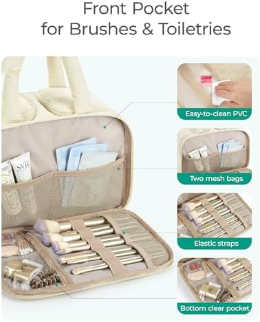 BAGSMART Travel Toiletry Bag, Puffy Large Toiletry Bag for Women, Lightweight Cosmetic Makeup Bag Organizer with Handle for Traveling, Accessories, Essentials, Toiletries (Beige