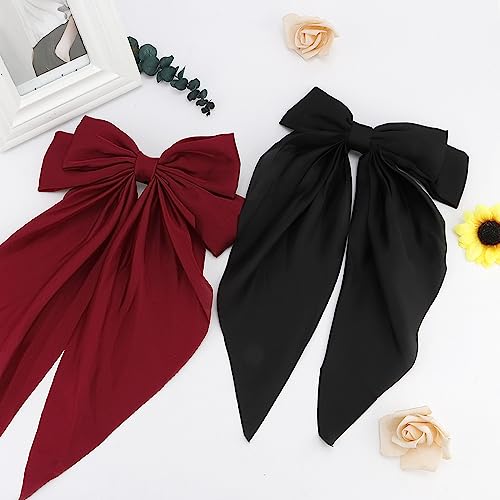 Hair Bow Clip, 2 Pcs Silky Satin Hair Bows for Women Hair Ribbons Oversized Long Tail Black Hair Bow and Red Hair Bow Hair Barrettes, Metal Clips Bowknot Hair Accessories, Christmas Gifts