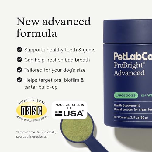 PetLab Co. ProBright Advanced Dental Powder - Dog Breath Freshener - Teeth Cleaning Made Easy – Targets Tartar & Bad Breath - Packaging May Vary - Formulated for Large Dogs