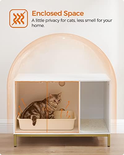 Feandrea Litter Box Enclosure, Modern Cat Litter Box Furniture Hidden, with Scratching Mat, Tall Legs, Cat House, Side End Table, 31.5 x 19.7 x 21.7 Inches, White and Gold UPCL007W01
