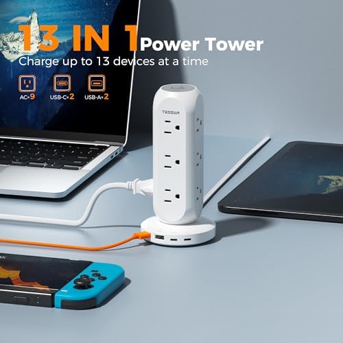 Surge Protector Power Strip Tower, TESSAN Flat Plug Extension Cord 6 FT, Charging Station with 9 Outlets and 4 USB(2 USB C), 900J Surge Protection for Office Home Dorm Room Desk Accessories