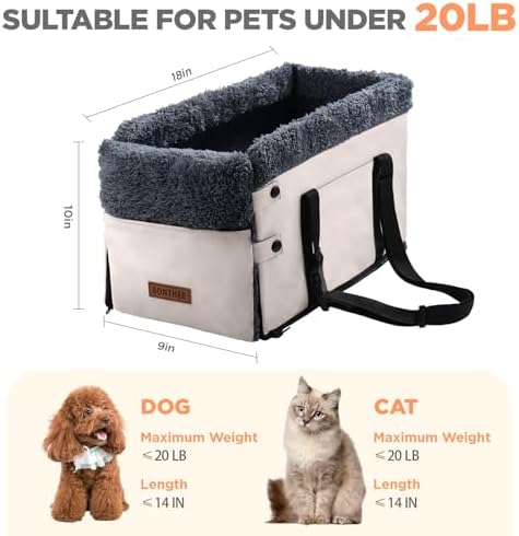 Center Console Dog Car Seat for Small Dogs,PU Leather Small Dog Car Booster Seat,Washable Foldable Puppy Car Seat with Safe Protection Hooks Adjustable Straps and Storage Pocket Pet Up to 20lbs