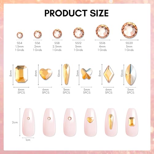 Makartt Champagne Nail Rhinestone with Gel Nail Glue for Gems 15ML Strong Adhesive Nail Rhinestone Glue Round & 3D Shape Flatback Nail Crystal Diamond for Nail Charm Accessories Jewels Decoration