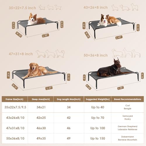 EHEYCIGA Tool-Free Assembly Elevated Large Dog Cot Bed, Raised Outdoor Dog Hammock, Lifted Pet Platform with Frame and Washable Waterproof Cooling Teslin Mesh and Anti-Slip Feet, 43x26 inch