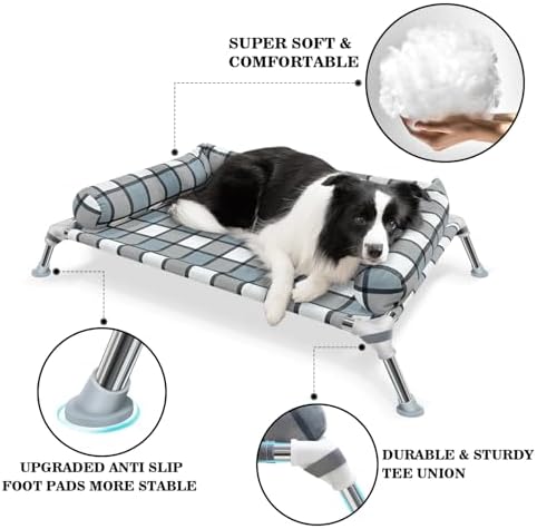 Elevated Raised Dog Bed Cot - Cooling Raised Dog Bed with Bolster Portable Washable Pet Cot Bed with Metal Frame Dog Hammock Bed for Indoor & Outdoor Medium