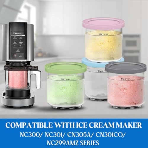 Creami Pints and Lids for Ninja - 4 pack Creamy Icecream Containers Cups Jars Tubs Canisters Set, Smoothie Pot Compatible with NC299AMZ & NC300s Series Creamer Ice Cream Maker Machine Accessories