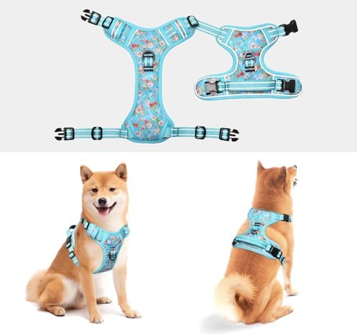 Timos No Pull Dog Harness,NO Need Go Over Dogs Head 3 Snap Buckles Reflective Oxford No Choke Puppy Harness with Front & Back 2 Metal Leash Clips Soft Padded Vest Harnesses for Small Medium Large Dogs