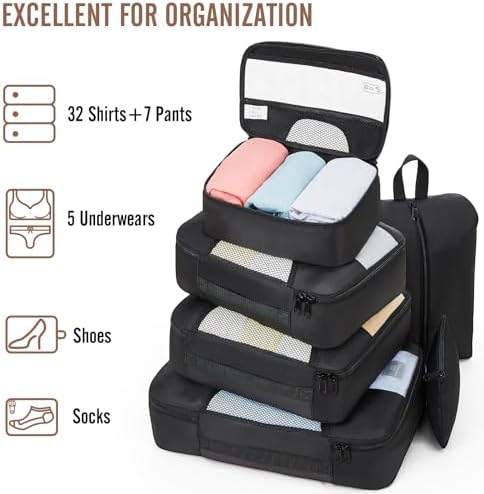 Veken 8 Set Packing Cubes for Travel, Suitcase Essentials Organizer Bags Set for Luggage, Road Trip Travel Accessories in 4 Sizes (Extra Large, Large, Medium, Small), Black