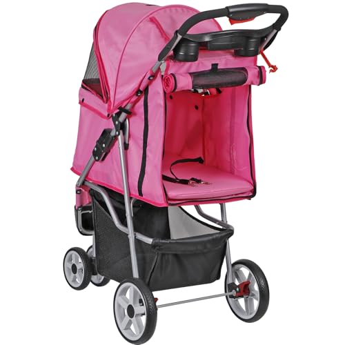 Foldable Pet Stroller for Cats and Dogs 3 Wheels Carrier Strolling Cart with Weather Cover, Storage Basket + Cup Holder (Pink)