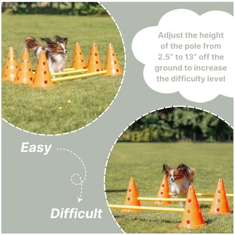 TRIXIE Dog Agility Hurdle Cone Set – Dog Agility Set with Height Adjustable Crossbar for Beginners & Advanced, Dog Agility Equipment for Dog Obstacle Courses – 6 x Cones, 3 x Agility Rods