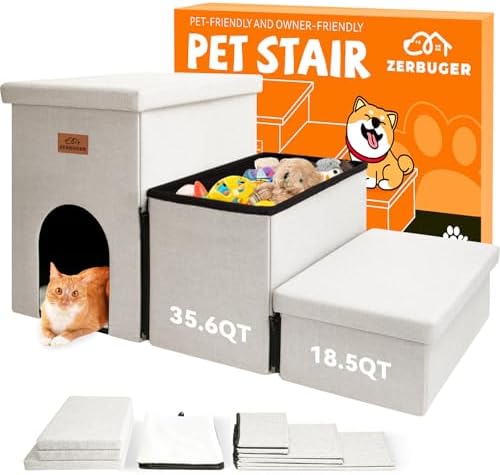 Dog Stairs with Condo 18" H, 3-Step Wider Dog Steps for High Beds Couch, Folding Storage Pet Stairs Gift for Small/Medium/Large Old Dogs Cats, Ramp for Climbing Car Up to 200 lbs, Beige Gray