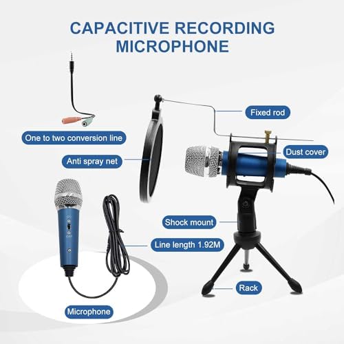 Blue Condenser Recording Microphone 3.5mm Plug and Play PC Microphone, Broadcast Microphone for Computer Desktop Laptop MAC Windows Online Chatting Podcast Skype YouTube Game(Blue