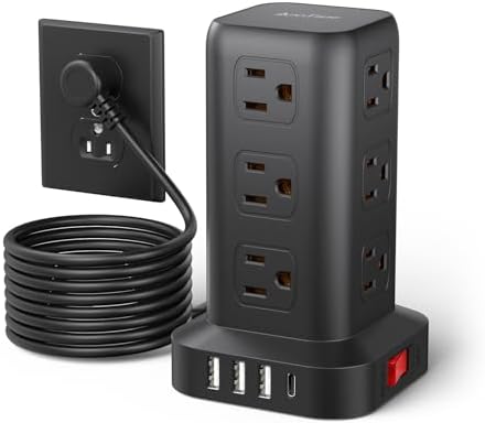 Surge Protector Power Strip 10 FT Cord, Power Strip Tower with 4 USB Ports (1USB C), Extension Cord with 12 AC Multiple Outlets, Home Office Supplies Desk Accessories, Dorm Room Essentials