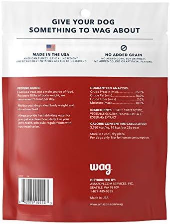 Amazon Brand - Wag Soft & Tender American Jerky Dog Treats – Turkey & Sweet Potato, 16 Ounce (Pack of 1)