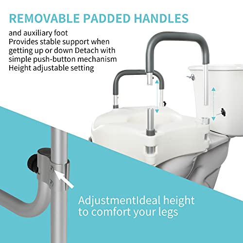 Lock Raised Toilet Seat with Handles, 5 Inch Toilet Seat Riser Heavy Duty with Adjustable Arms and Legs Fits Most Toilets, Elevated Toilet Seat 300 LBS(Regular, Grey+White)