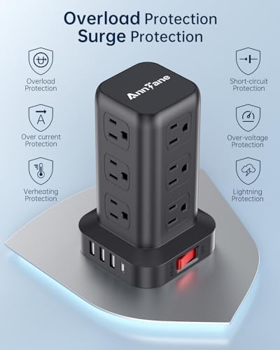 Surge Protector Power Strip 10 FT Cord, Power Strip Tower with 4 USB Ports (1USB C), Extension Cord with 12 AC Multiple Outlets, Home Office Supplies Desk Accessories, Dorm Room Essentials