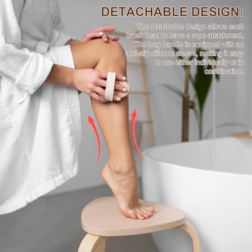 Dry Brushing Body Brush - Natural Boar Bristle Body Brush Set with Face Brush, Wooden Long Handle Scrub Body Brush for Cellulite Treatment, Lymphatic Drainage, Detachable, 3 Brush Heads