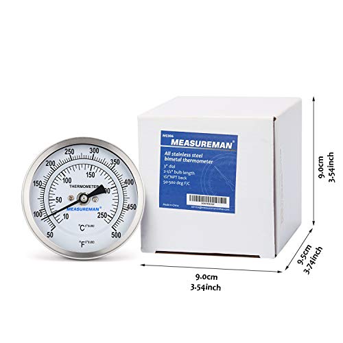 Measureman Fully Stainless Steel Bimetal Dial Thermometer, 3" Dial, 2-1/2" Stem, 50-550 deg F/10-260 deg C, -1% Accuracy, Adjustable, 1/2" NPT Back Mount