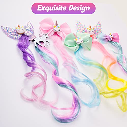 Little World Hair Clips for Girls - 6 Pcs Curly Clip in Hair Extensions with Cute Unicorn Bow - 13in Gradient Color Hair Clips for Girls Clip On for Toddler Kids Girls Ponytails Accessories