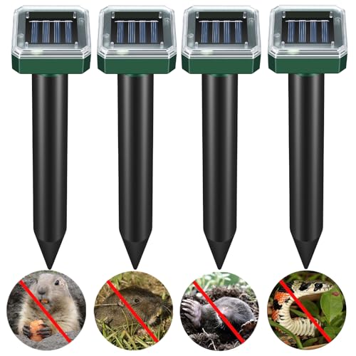 CherryPig Solar Mole Repellent, Ultrasonic Mole Repellent Solar Powered,Outdoor Waterproof Ultrasonic Snake Repellent for Get Rid of Mole, Gopher, Snakes, Vole and Other Underground Pests(4 Pack)