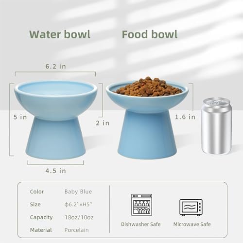 2 Extra Wide Elevated Cat Food Bowl, Ceramic Cat Bowls for Food and Water, Wide Shallow Cat Food Dish, Whisker Fatigue, Lead & Cadmium Free, Great Height for Cat, Blue