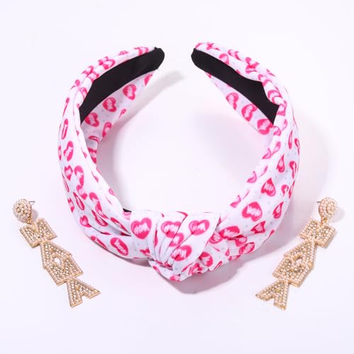 MAMA knotted Headband Pearl Rhinestone Beaded MAMA Earrings Wide Top Knot Heart Mom Pattern Headband Mothers Day Hair Accessories Gift for Mom