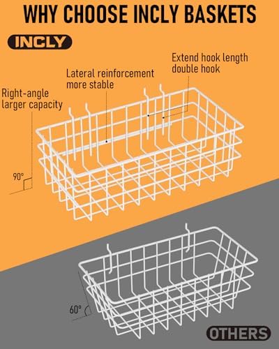 INCLY 4 Pack Pegboard Baskets Bins Set, 4 Size Square Style Metal White Wire Basket for Any Peg Board Organizing Tools, Pegboard Accessories for Workbench Garage Wall Storage Attachments