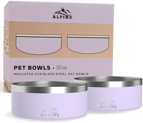 ALPINE Set of 2 Stainless Steel Dog Bowls, Non Slip, Metal Pet Bowl for Food and Water, Double Walled Insulated, Rustproof, Dishwasher Safe (32 oz, Lavender)