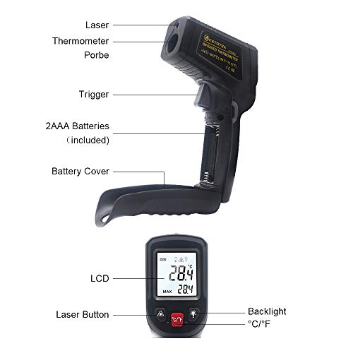 KETOTEK Infrared Thermometer Non Contact IR Digital Laser Temperature Gun -50℃~600℃ (-58℉~1112℉) Adjustable Emissivity Thermometer Gun for Cooking