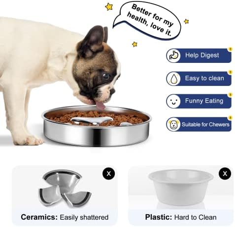 Slow Feeder Dog Bowls 304 Stainless Steel, 2 Cups Metal Food Bowls, Water Bowl for Small & Medium Sized Dogs, Fun Bloat Stop Pet Fast Eaters