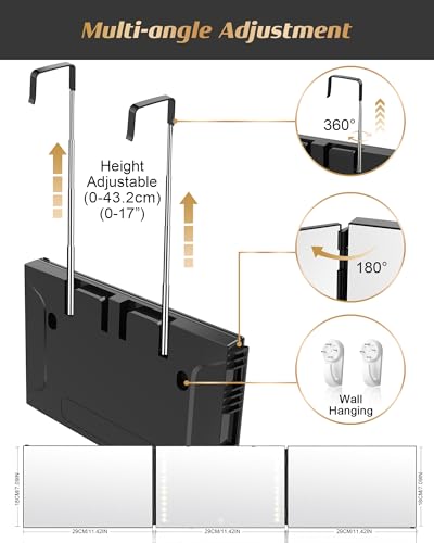 JUSRON 360 Viewing Angle Self Hair Cutting Mirror, Clear Anti-Fog HD Glass (Black with LED with Accessories)